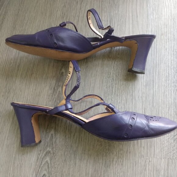 Vintage Purple Strappy Shoes Size 9 Closed Toe Heels Pumps Retro Slingbacks - Picture 9 of 10